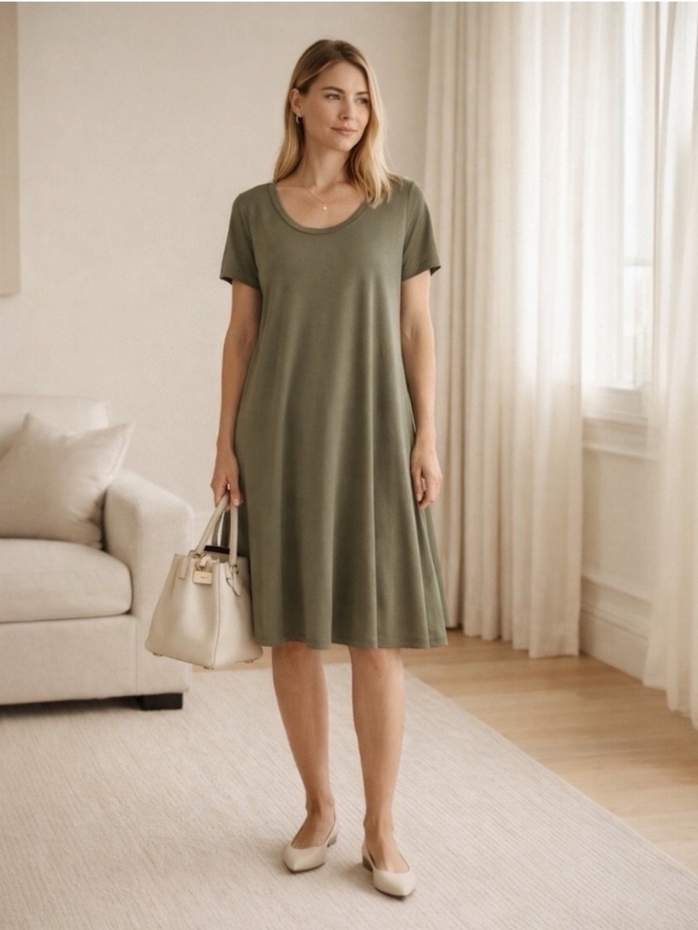Wool& Wooland Maggie Swing Dress Olive Green Merino Wool Blend Size Large